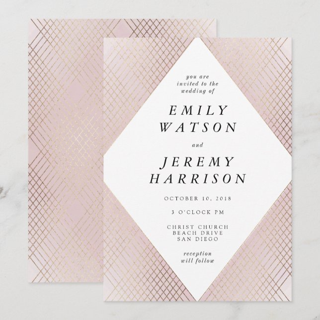 Invitation Diamant Géométrique rose Déco Gold Gatsby Mariage (Devant / Derrière)