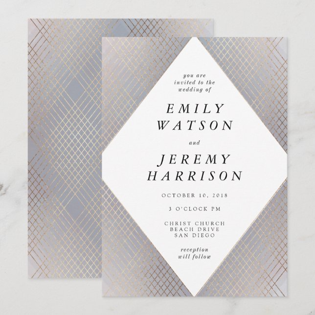 Invitation Diamant Gray Déco Gray Or Gatsby Mariage (Devant / Derrière)