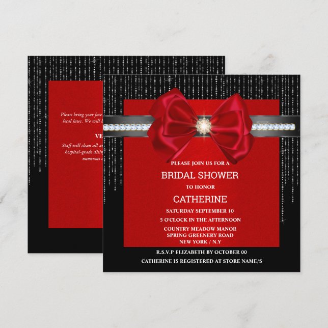 Invitation diamant noir arc rouge brillant luxe élégant (Devant / Derrière)