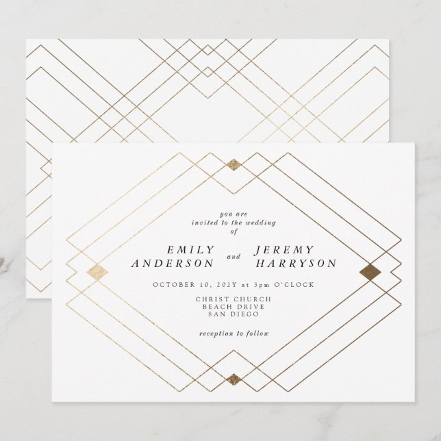 Invitation Diamant Or Blanc Géométrique Mariage Gatsby (Devant / Derrière)