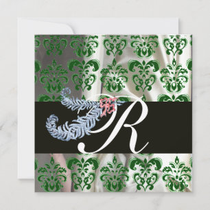 INVITATION DIAMANT PLUMES VERT BLANC SOIE DAMASSÉE MONOGRAMME