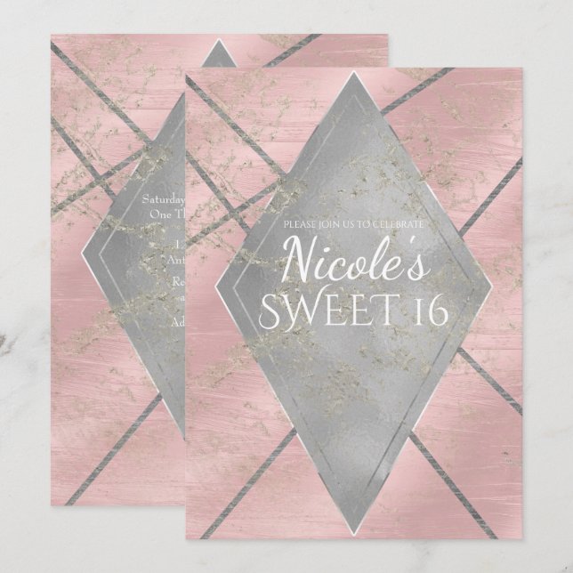 Invitation Diamant Rose Argent Glamour Sweet 16 TOUT ÉVÉNEMEN (Devant / Derrière)