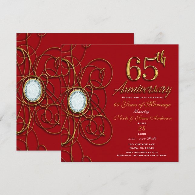 Invitation Diamant rouge et or 65 65e anniversaire (Devant / Derrière)