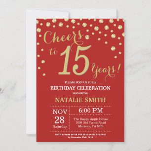 Invitation Diamant Rouge et Or pour 15 ans