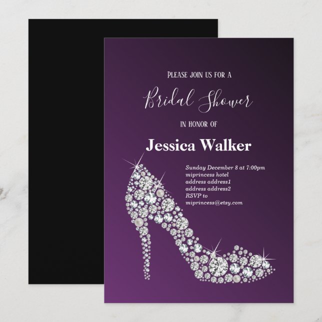 Invitation diamant talons hauts violet élégante douche nuptia (Devant / Derrière)