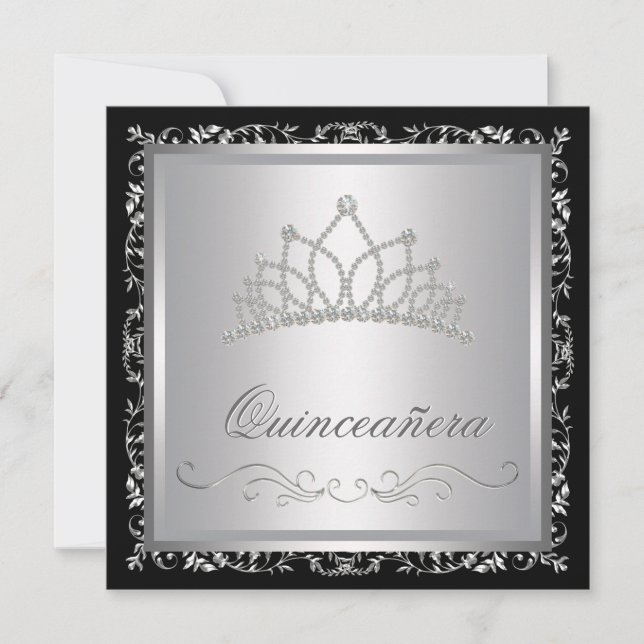 Invitation Diamant Tiara Black Damask Quinceanera (Devant)