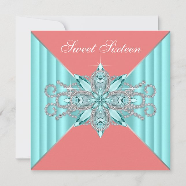Invitation Diamant Turquoise Bleu Corail Douce 16e Anniversai (Devant)