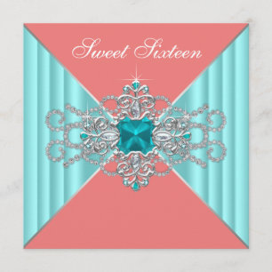 Invitation Diamant Turquoise Bleu Corail Douce 16e Anniversai