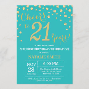 Invitation Diamant Turquoise et Gold Surprise 21e anniversair