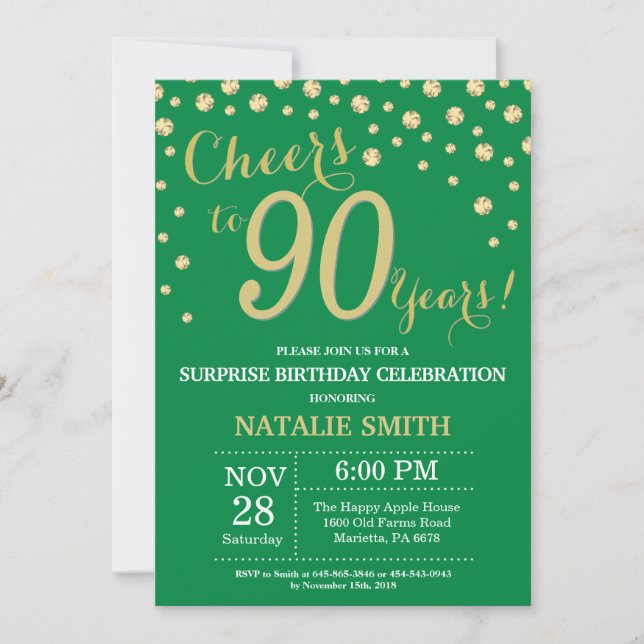 Invitation Diamant vert et or Surprise 90e anniversaire (Devant)