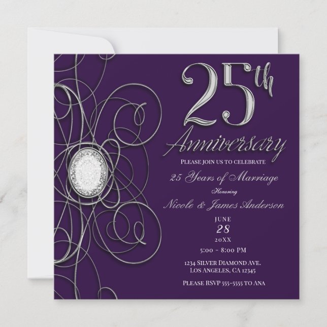 Invitation Diamant violet et argent 25 fête du 25e anniversai (Devant)