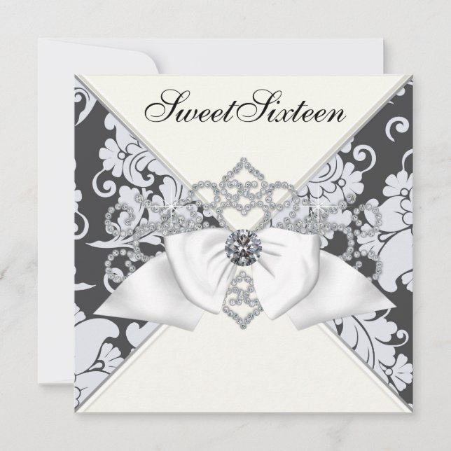 Invitation Diamants blancs Noir Blanc Douceur 16 Anniversaire (Devant)