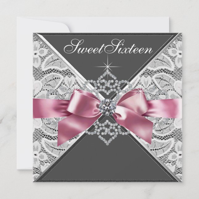 Invitation Diamants Blancs Rose Noir Sweet 16 Fête d'annivers (Devant)