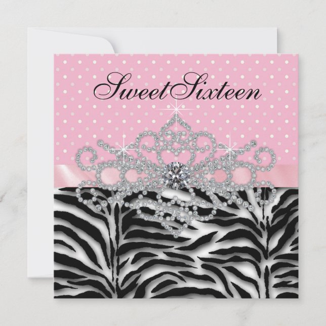 Invitation Diamants blancs Sweet sixteen Zèbre rose (Devant)