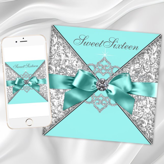 Invitation Diamants blancs Turquoise bleu sucré 16 Anniversai (Teal blue silver sweet sixteen invitation with pretty diamonds and bow. Any number or event.)