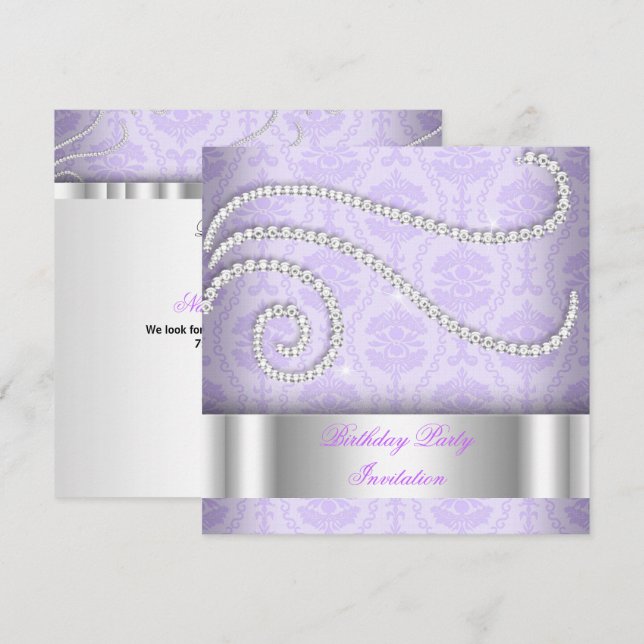 Invitation Diamants blancs violets Damask Anniversaire (Devant / Derrière)