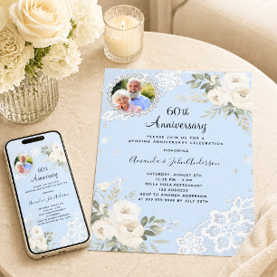Invitation Diamants bleus floraux 60e anniversaire de mariage