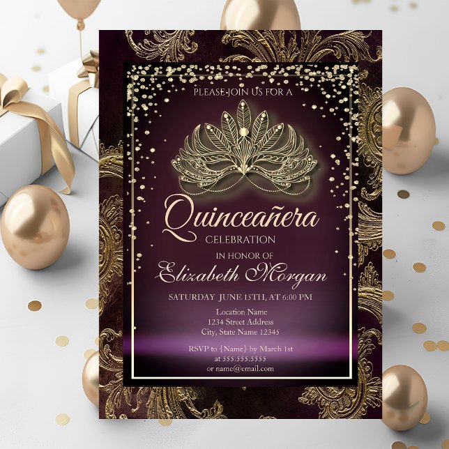 Invitation Diamants Bourgogne Floral Damask Quinceañera (Créateur téléchargé)