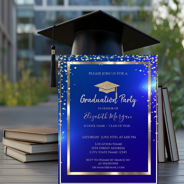 Invitation Diamants Cadre Or Casquette de Diplômé Bleu Remise (Créateur téléchargé)