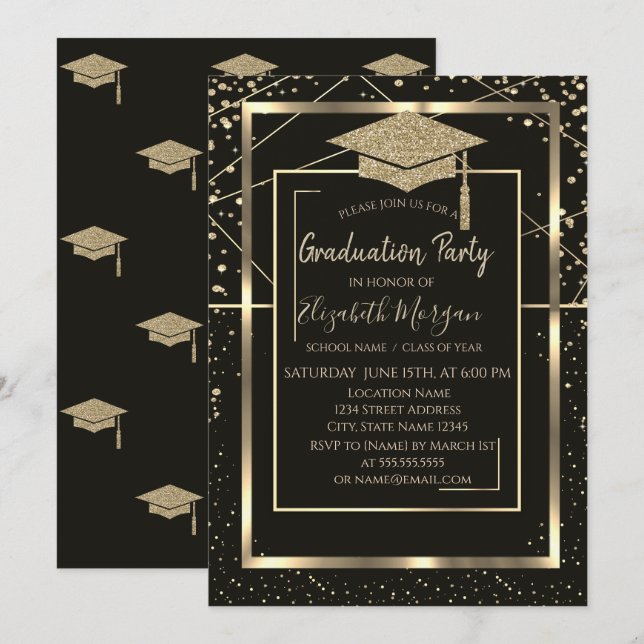 Invitation Diamants Casquettes Gold Grad Grad Graduation géom (Devant / Derrière)