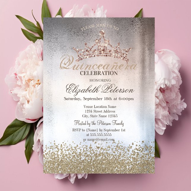 Invitation Diamants Chic Or, Tiara Metallic Quinceañera (Créateur téléchargé)