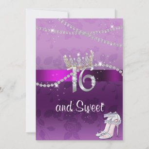 Invitation Diamants Couronne Sweet Sixteen Talons Hauts Viole