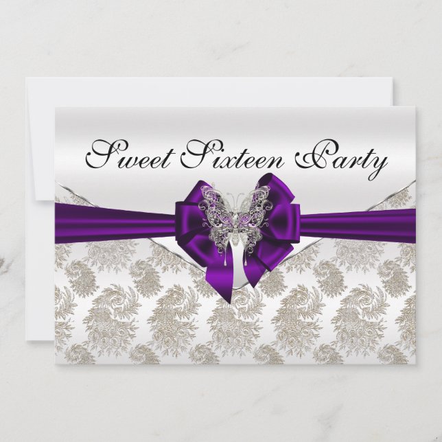 Invitation Diamants Damas et Sweet sixteen papillon (Devant)