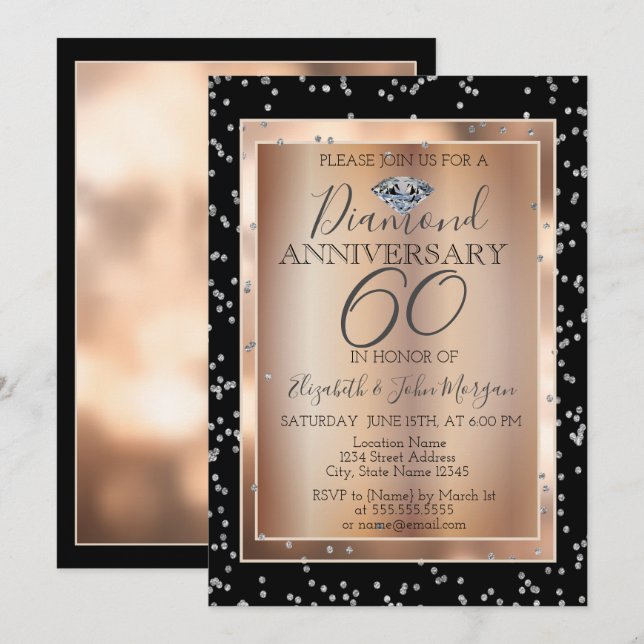 Invitation Diamants d'argent, Anniversaire Rose Mariage d'or (Devant / Derrière)