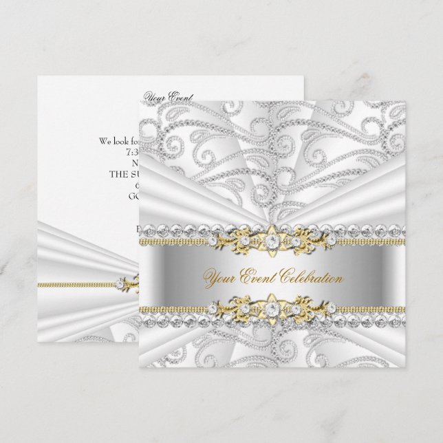 Invitation Diamants d'argent Blanc Or Elégante fête d'anniver (Devant / Derrière)