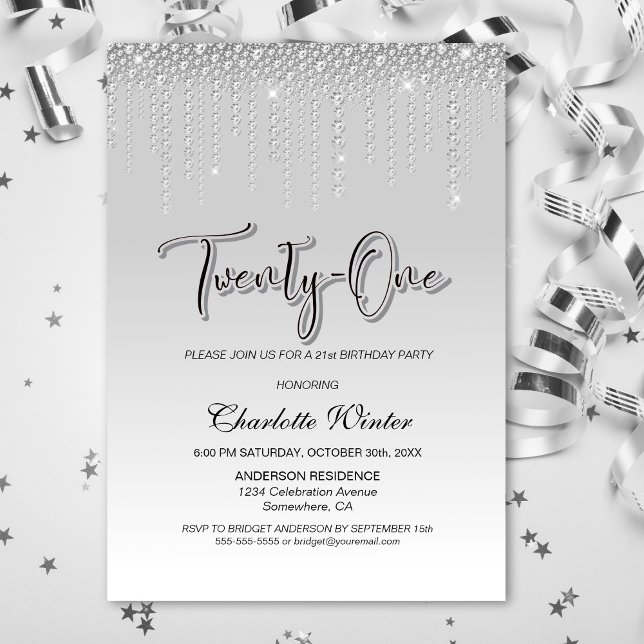Invitation Diamants d'argent glamour 21e fête d'anniversaire (Créateur téléchargé)