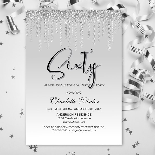 Invitation Diamants d'argent glamour 60e fête d'anniversaire (Créateur téléchargé)