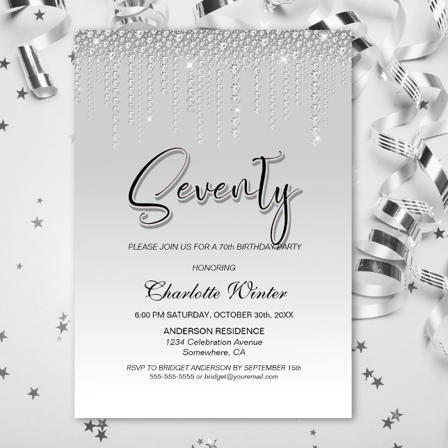Invitation Diamants d'argent glamour 70e fête d'anniversaire (Créateur téléchargé)
