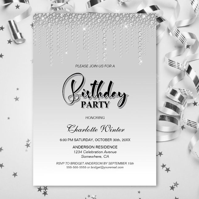 Invitation Diamants d'argent glamour fête d'anniversaire (Créateur téléchargé)
