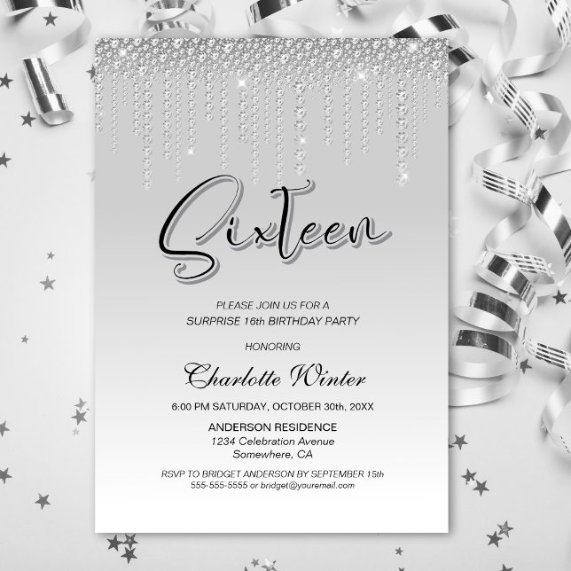 Invitation Diamants d'argent glamour Surprise 16e anniversair (Créateur téléchargé)