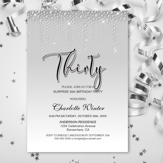 Invitation Diamants d'argent glamour Surprise 30e anniversair (Créateur téléchargé)