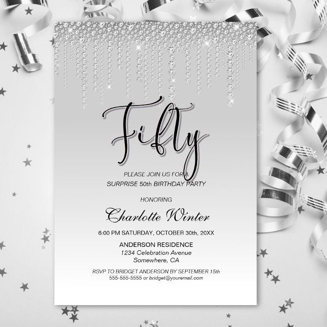 Invitation Diamants d'argent glamour Surprise 50e anniversair (Créateur téléchargé)