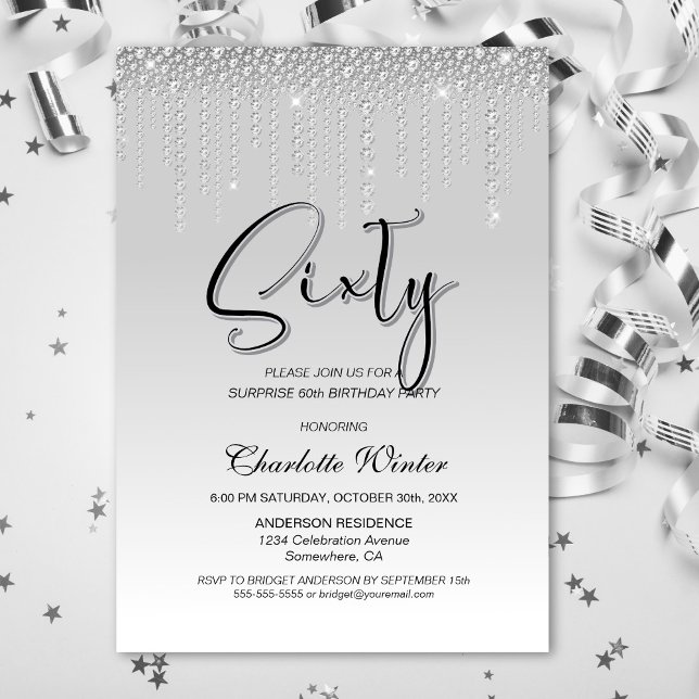 Invitation Diamants d'argent glamour Surprise 60e anniversair (Créateur téléchargé)