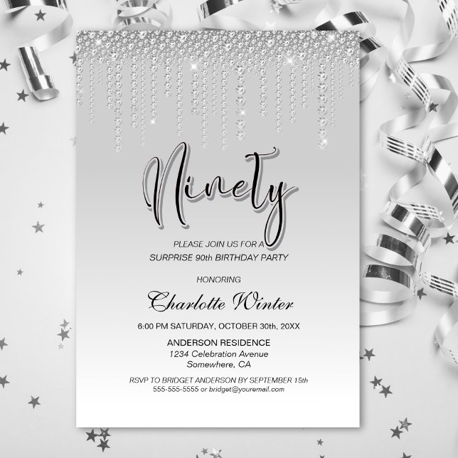 Invitation Diamants d'argent glamour Surprise 90e anniversair (Créateur téléchargé)