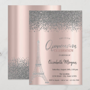 Invitation Diamants d'argent Rose or, Tour Eiffel Quinceanera