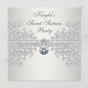 Invitation Diamants d'argent Sweet sixteen blanc fête d'anniv