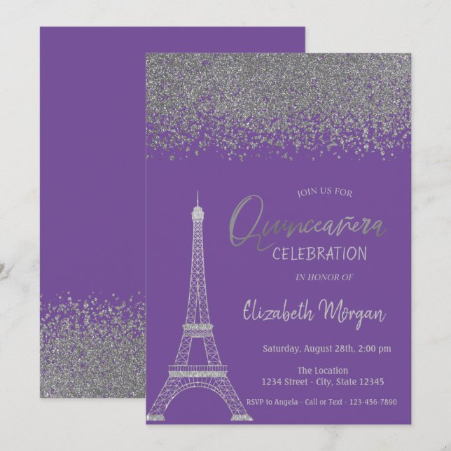 Invitation Diamants d'argent, Tour Eiffel Violet Quinceanera (Devant / Derrière)