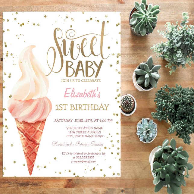 Invitation Diamants de crème glacée Bébé doux rayé Anniversai (Créateur téléchargé)
