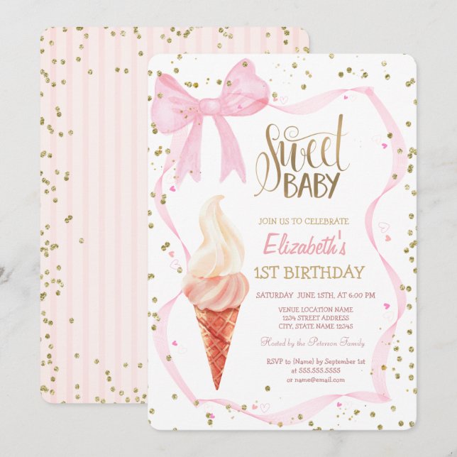 Invitation Diamants de crème glacée Bow rose rayé Anniversair (Devant / Derrière)
