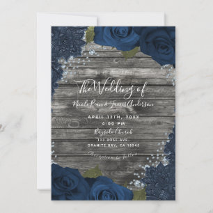 Invitation Diamants de denim Roses Bois rustique Crème Dentel