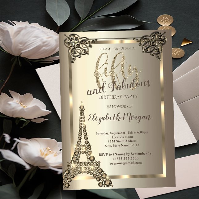 Invitation Diamants de luxe Tour Eiffel, Bordure 50e annivers (Créateur téléchargé)