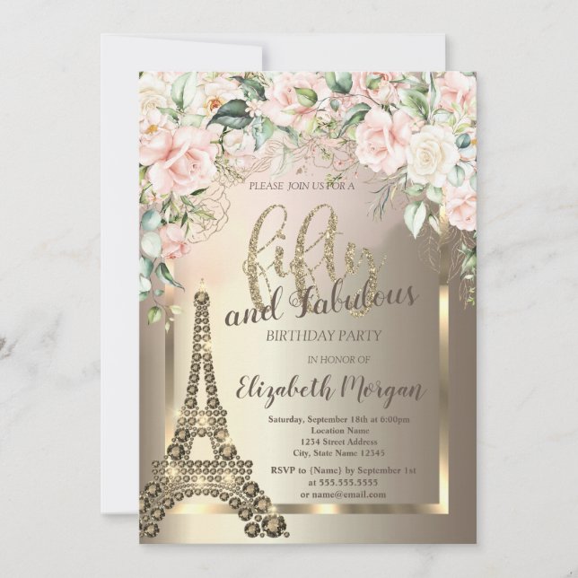 Invitation Diamants de luxe Tour Eiffel, Roses frontaliers 50 (Devant)