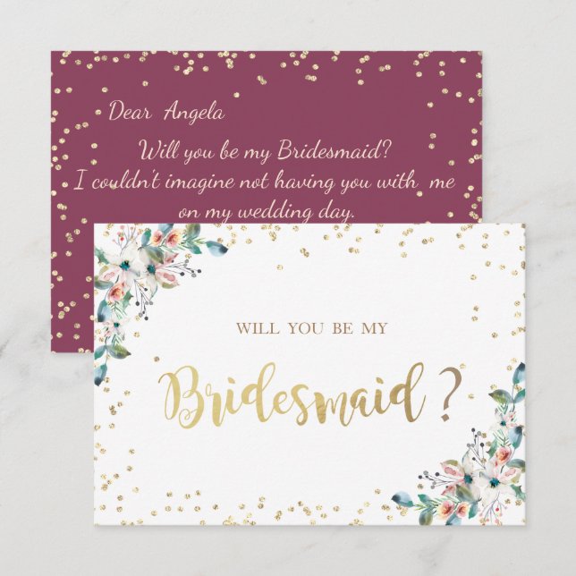 Invitation Diamants d'or Burgundy Flowers Bridesmaid Card (Devant / Derrière)