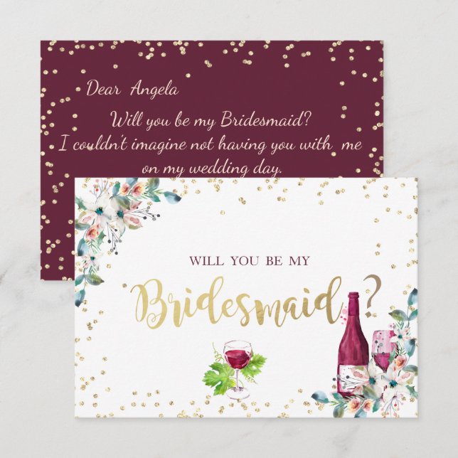 Invitation Diamants d'or Burgundy Flowers Bridesmaid Card (Devant / Derrière)