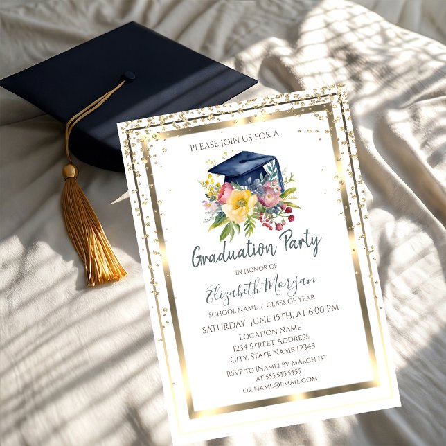 Invitation Diamants d'or, Cadre, Floral Grad Casquette Grad G (Créateur téléchargé)