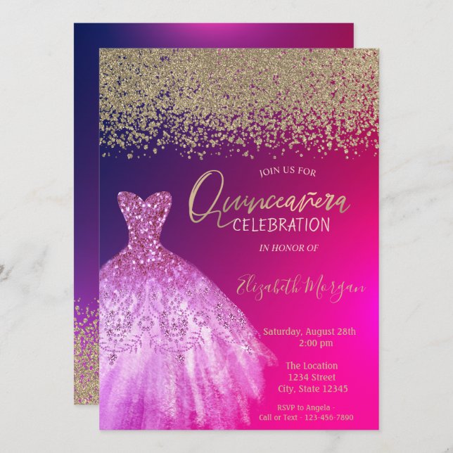 Invitation Diamants d'or, élégante robe chic Quinceañera (Devant / Derrière)